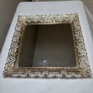 VTG Hollywood Regency Filigree Gold Metal Footed Mirror Square Vanity Tray
